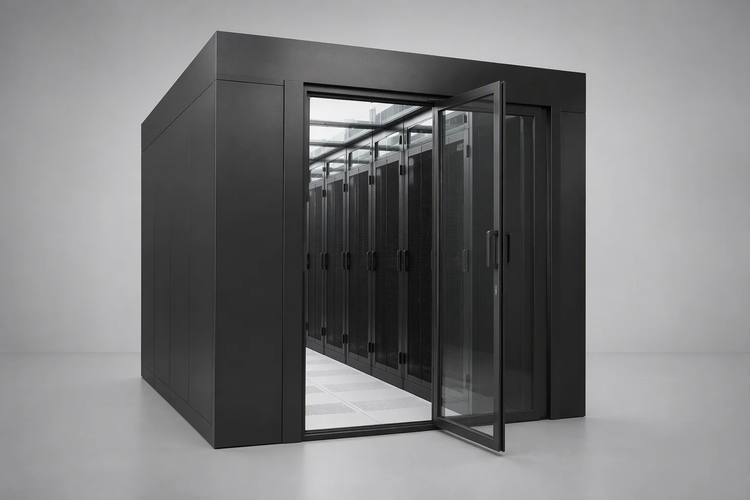 Glass cold-aisle containment doors with LED strip light inside the aisle