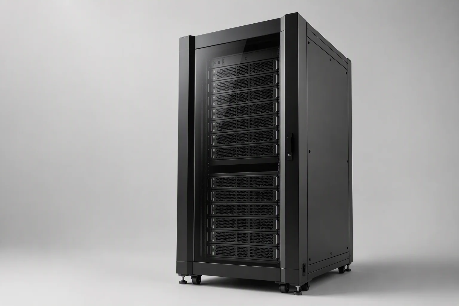 GPU high-density rack with glass door and dense equipment rails