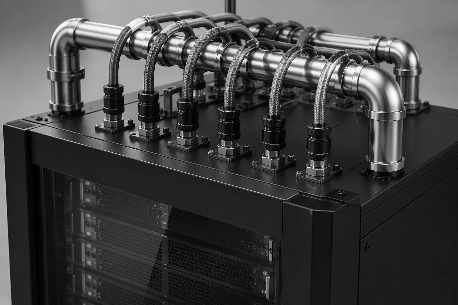 Coolant manifold with UQD quick disconnects mounted above a liquid-cooling rack