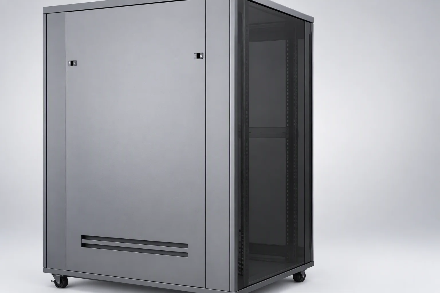 One light-grey network cabinet with a solid front door and a tinted glass side panel
