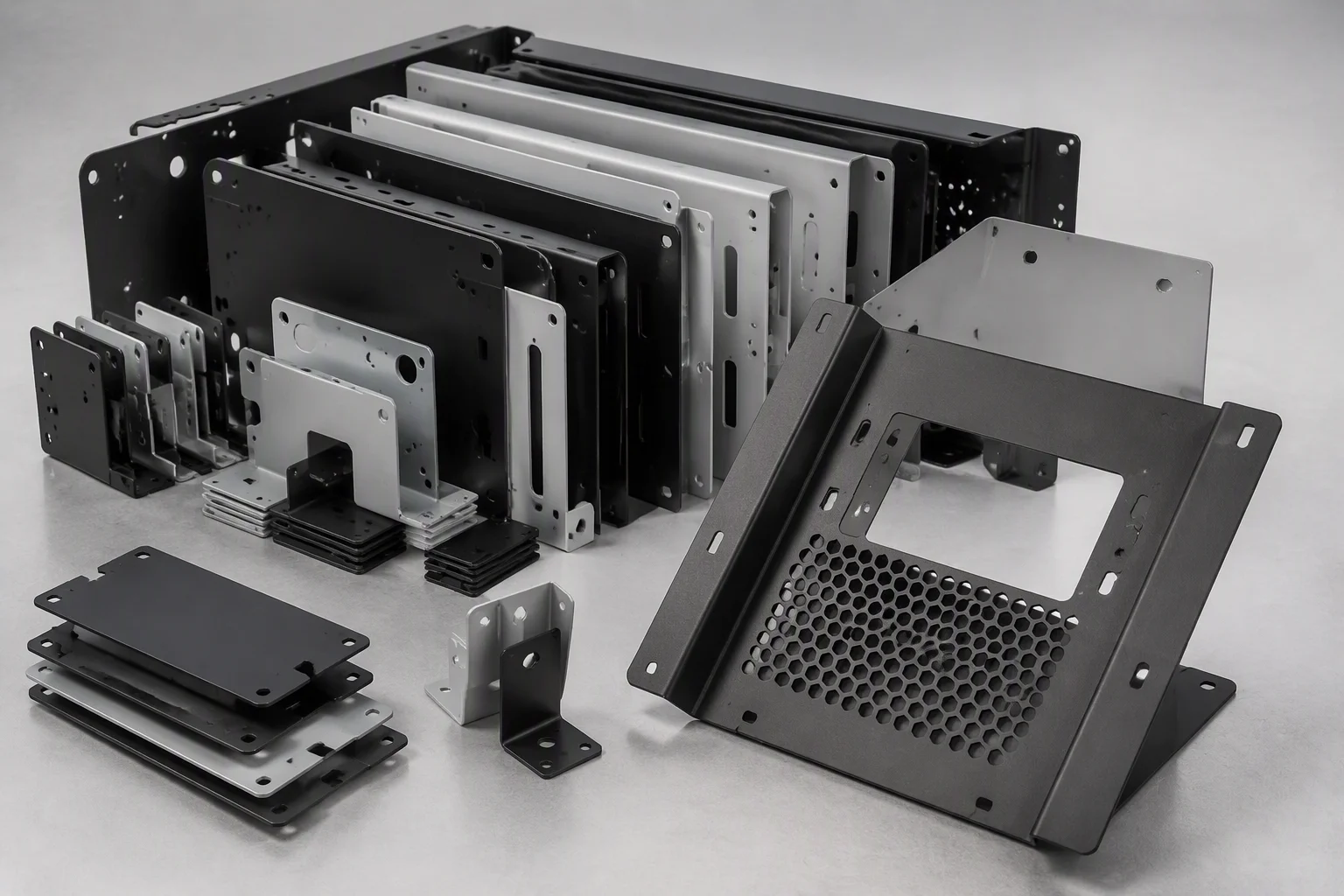 Array of freshly powder-coated sheet metal parts arranged on a workbench