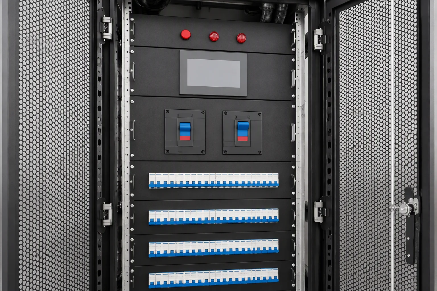One dark distribution cabinet with its door open, rows of miniature breakers on blue DIN rail