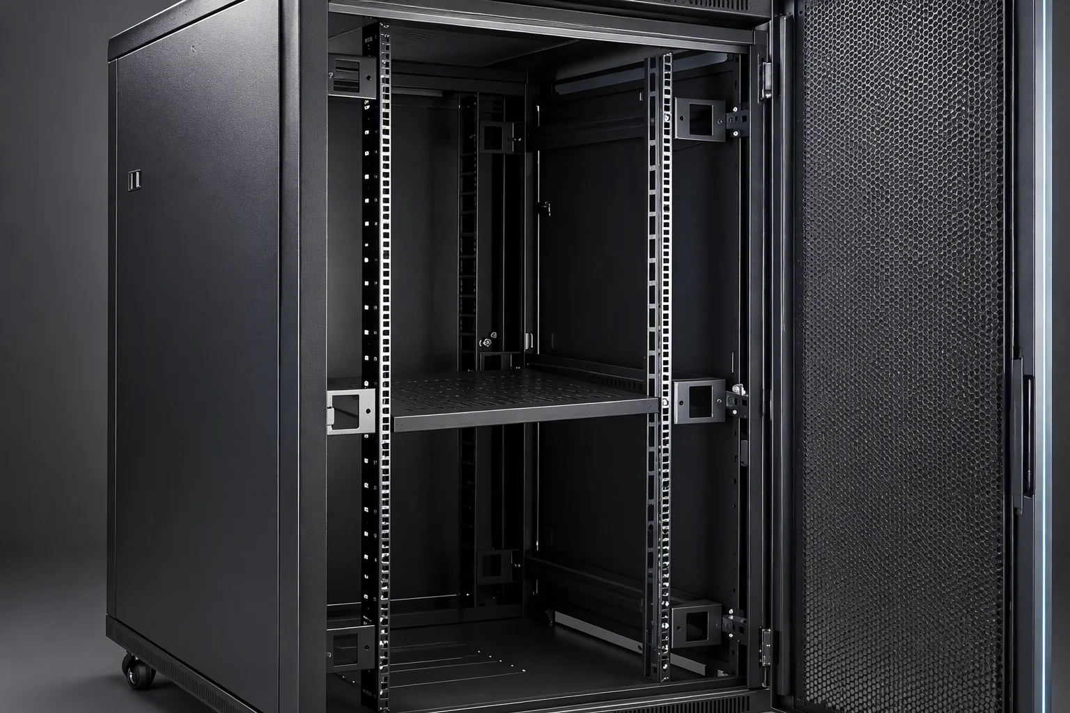 One 42U black server cabinet with the front door swung open, the 19-inch rails and one shelf visible inside