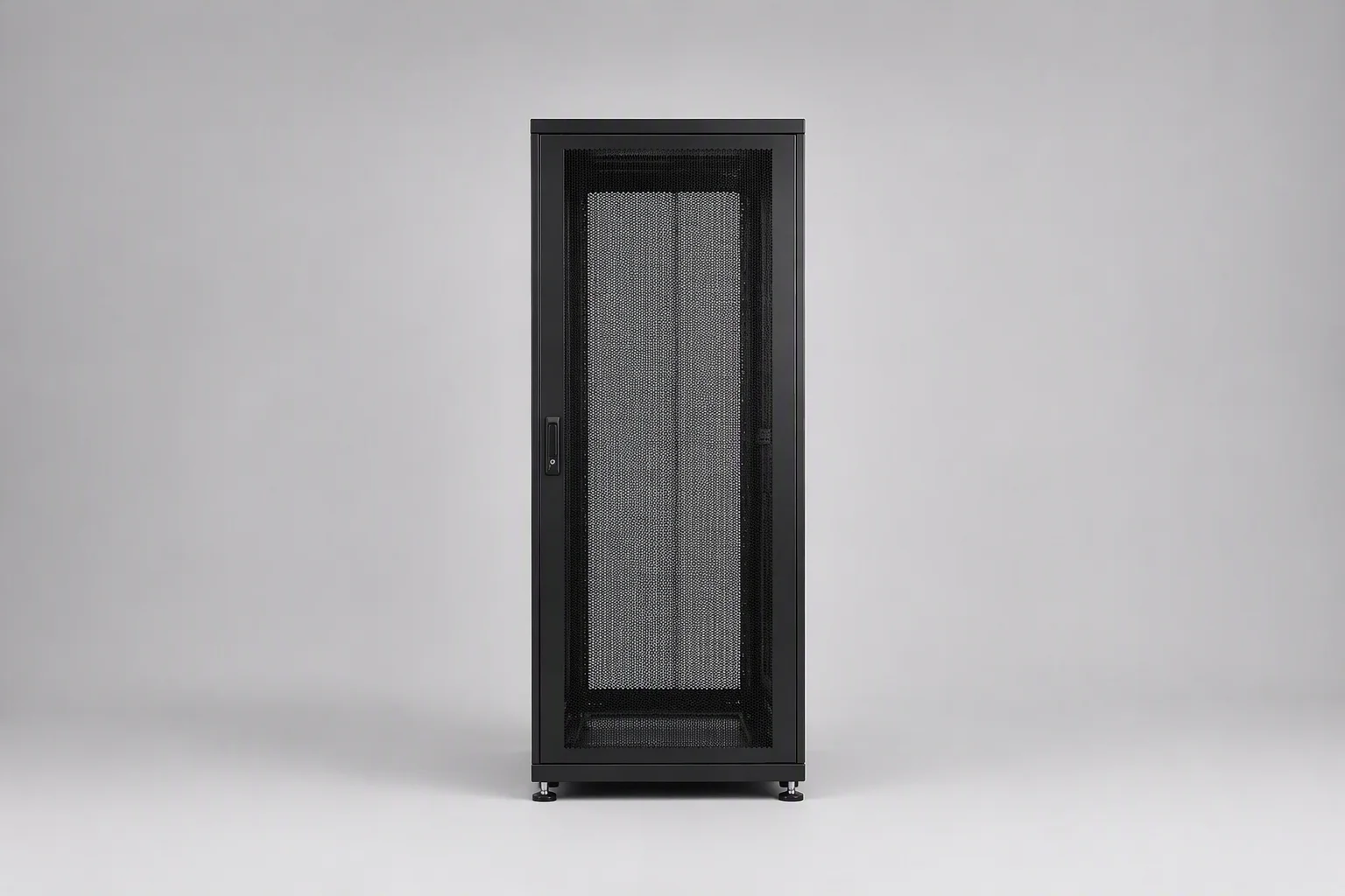 Standard RackForge server rack with mesh front door, three-quarter studio view
