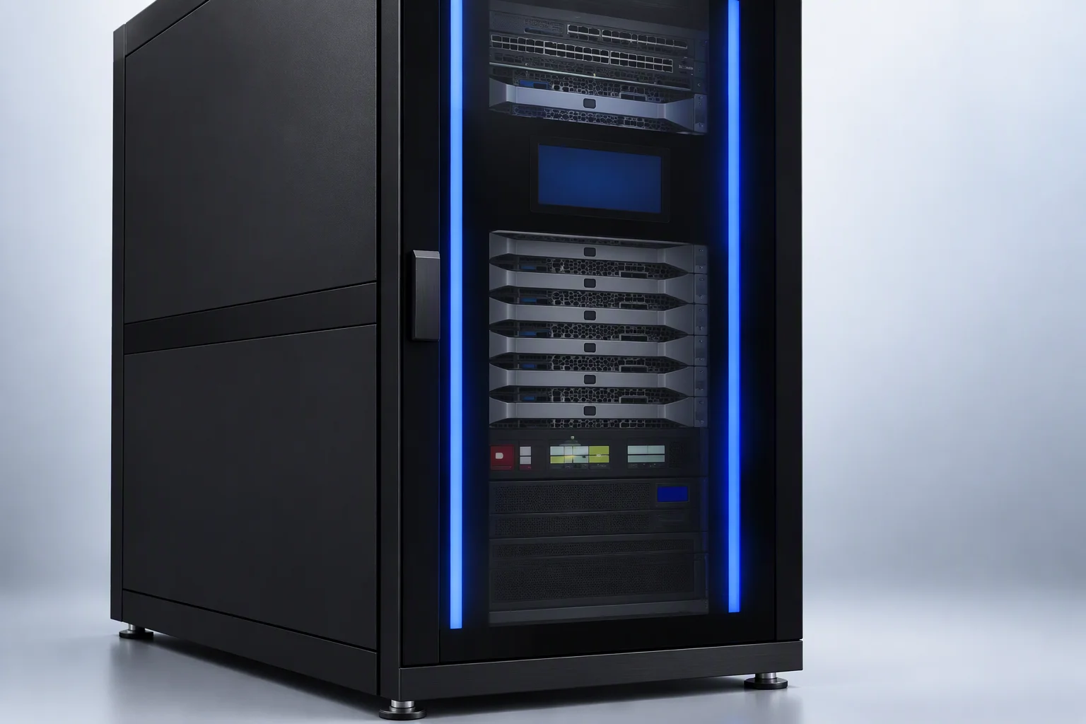 One single-row intelligent cabinet standing alone, blue LED strips down both front edges and a glazed door band