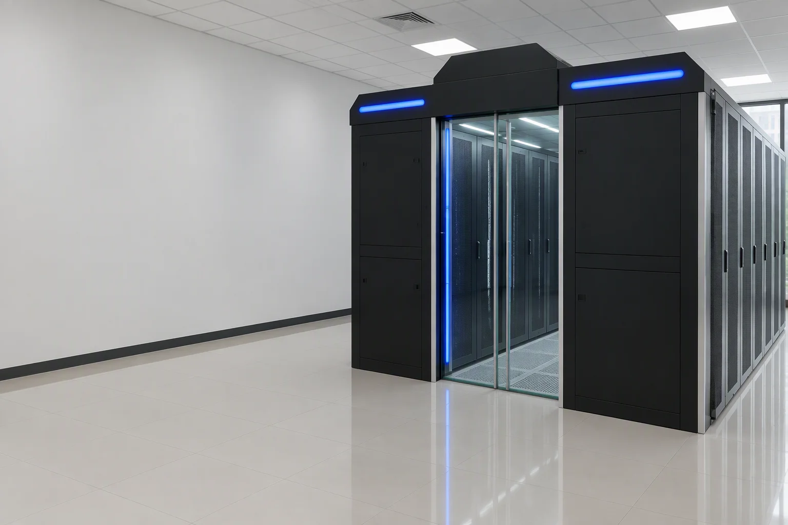 A sealed cold aisle built from black 19-inch server cabinets behind sliding tempered-glass end doors, seen from the corridor