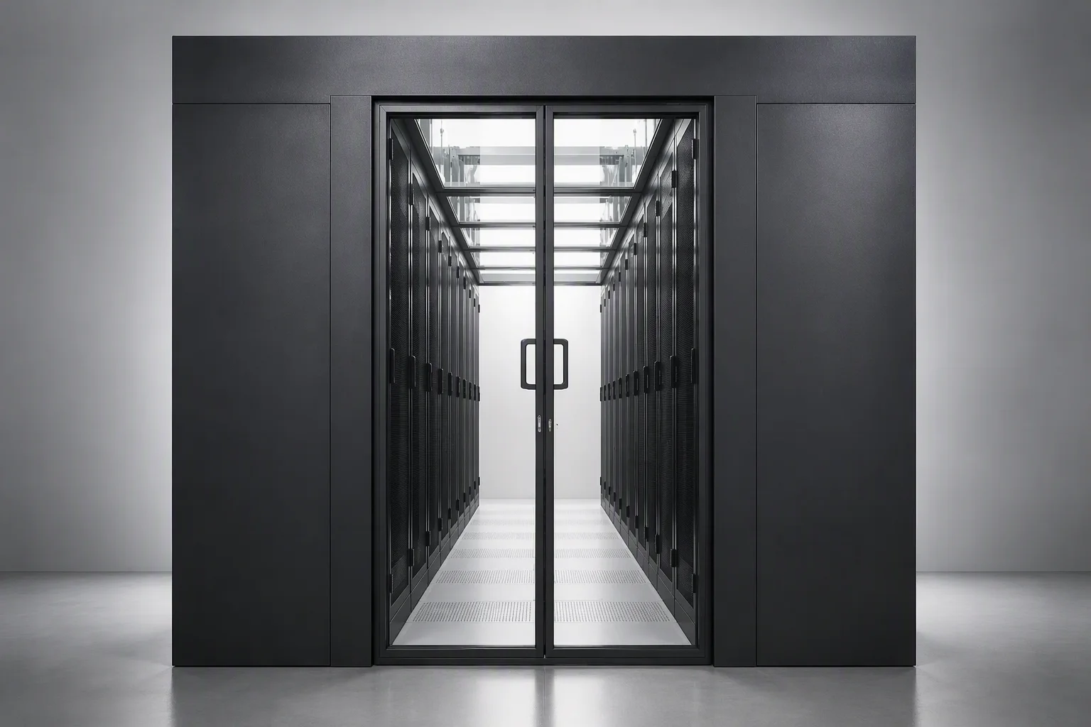 Complete glass cold aisle between two rows of black racks, symmetrical system view