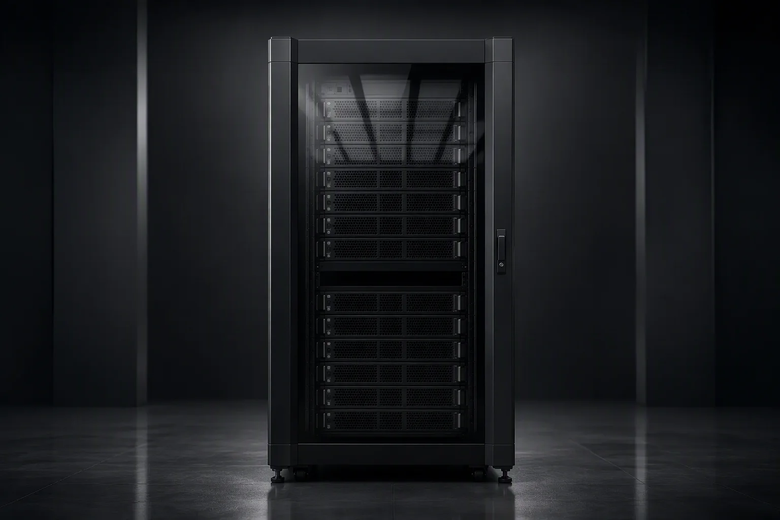 High-density GPU rack with glass door showing rails and heavy-duty trays