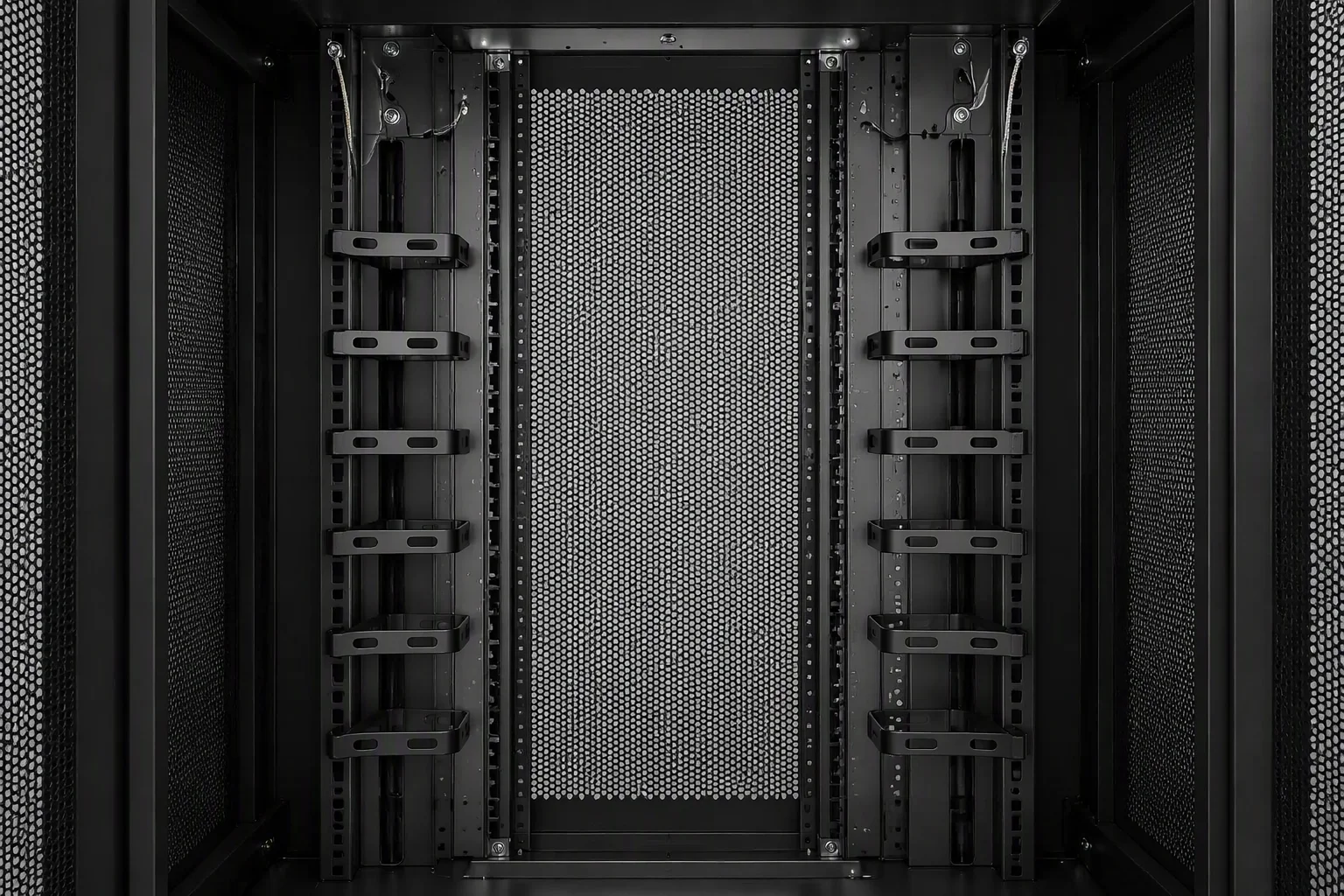 Rear of a rack showing vertical PDU rails, cable lacing arms and grounding braids