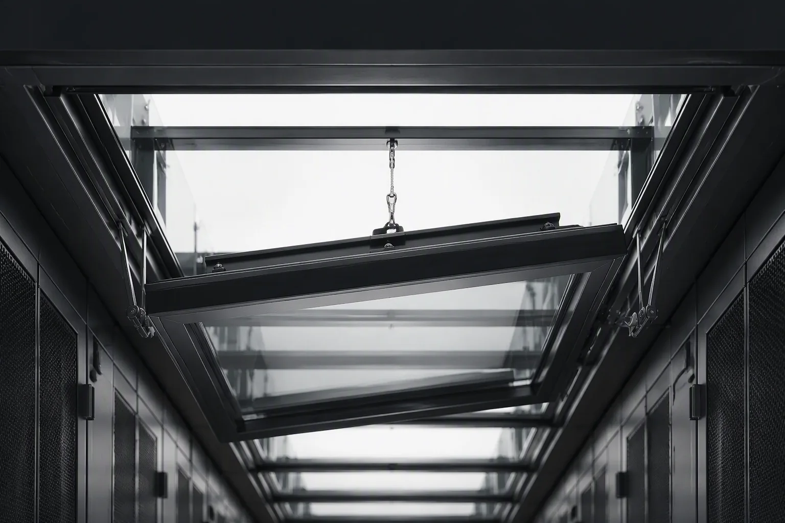 Containment aisle roof panels seen from below, mixing steel, glass and drop-away fire panels