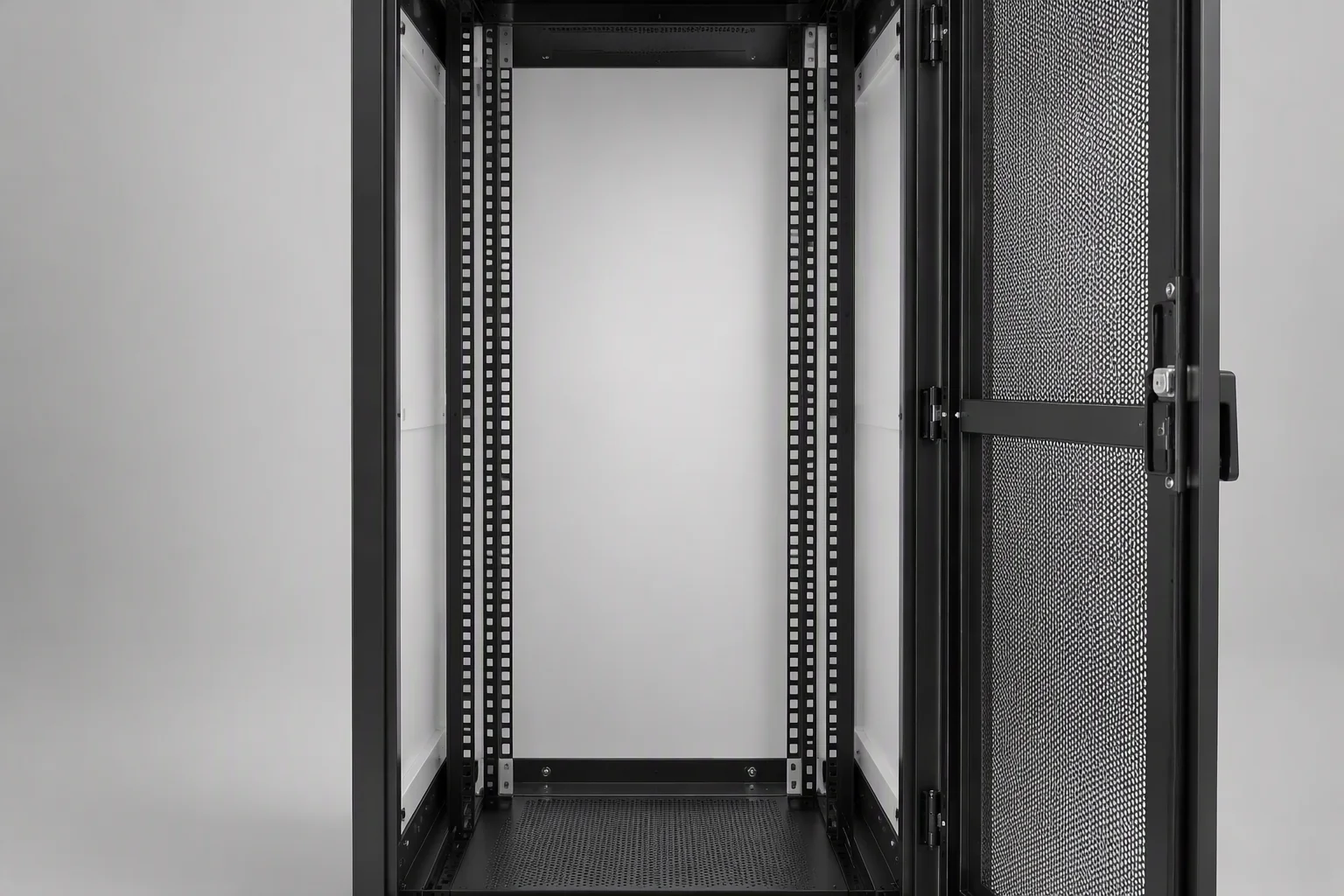 Standard 42U black server rack with mesh front door in a cold-aisle row
