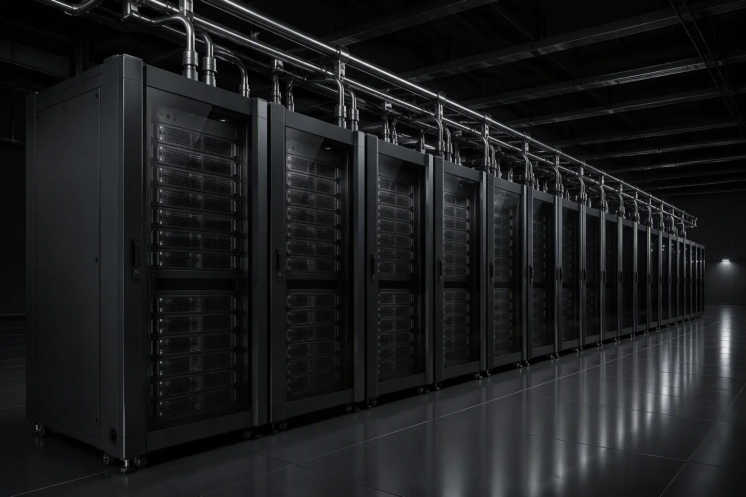 Row of liquid-cooled GPU training cabinets behind glass cold-aisle doors with overhead busbar, cold white hall