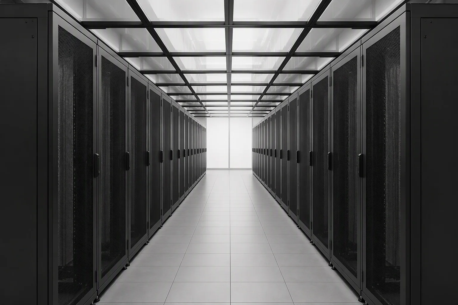 Hyperscale data hall with long rows of identical racks and closed containment aisles under uniform white light