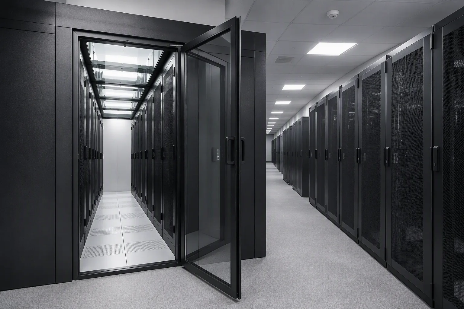 Colocation suite with glass cold-aisle doors, LED strip lighting and rows of black cabinets along a lit corridor