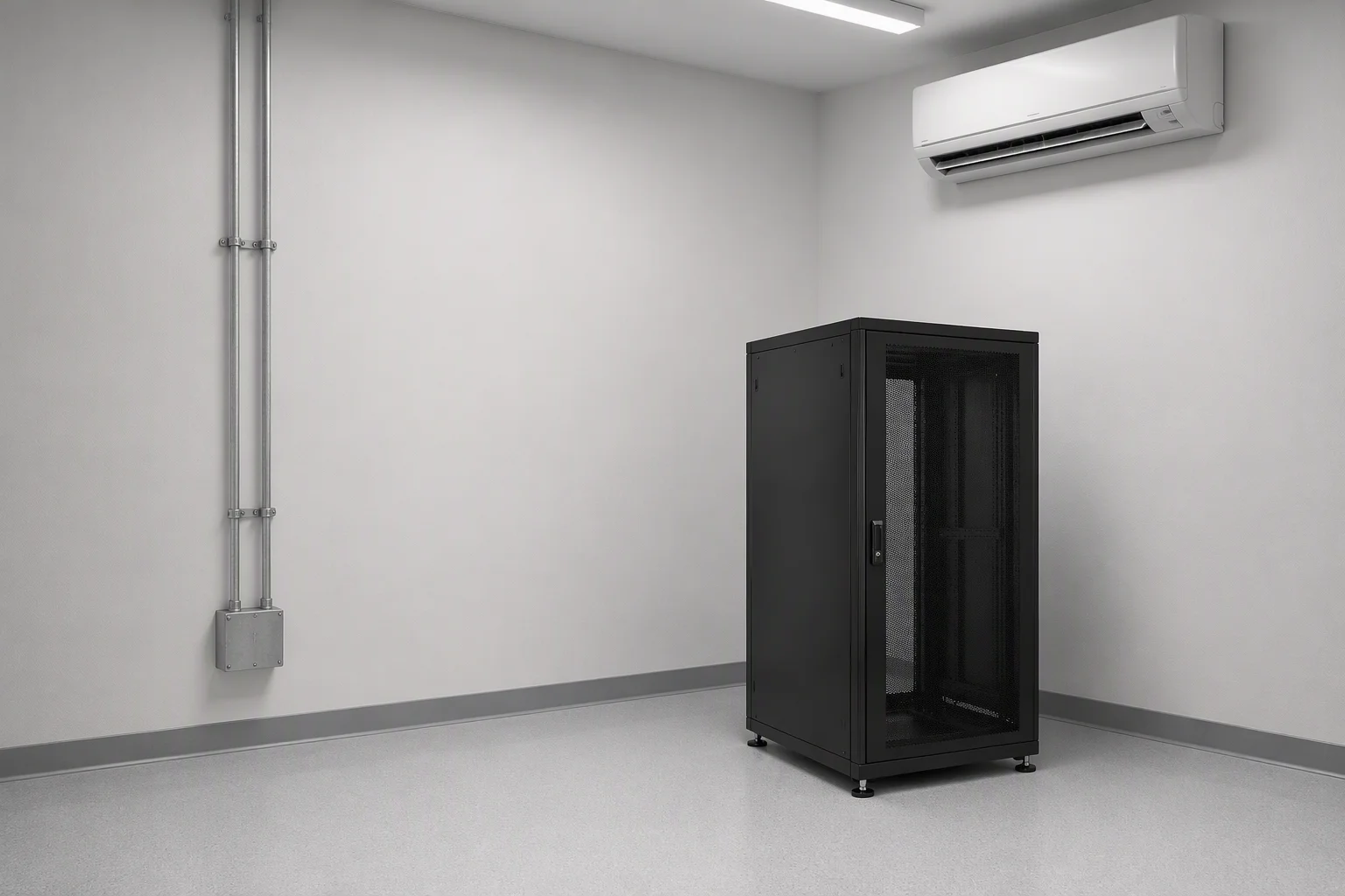 Compact edge cabinet standing in a small utility room with wall conduit, sealed front door and keypad lock