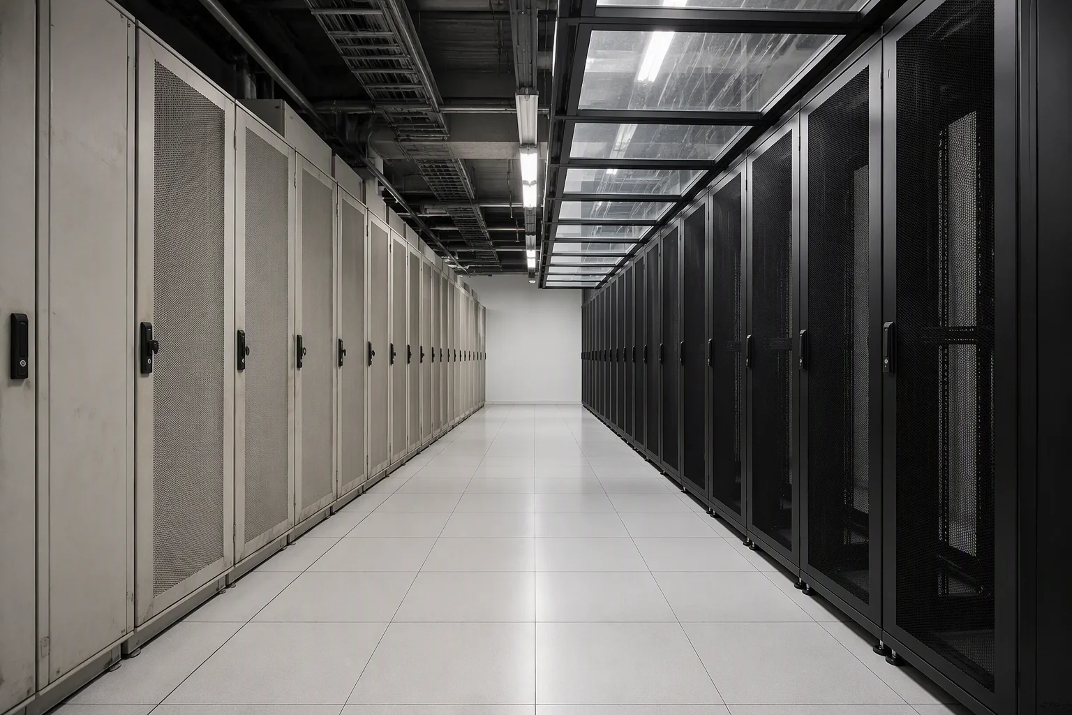 Enterprise data hall mid-refit with new black rack rows behind glass containment next to older cabinets