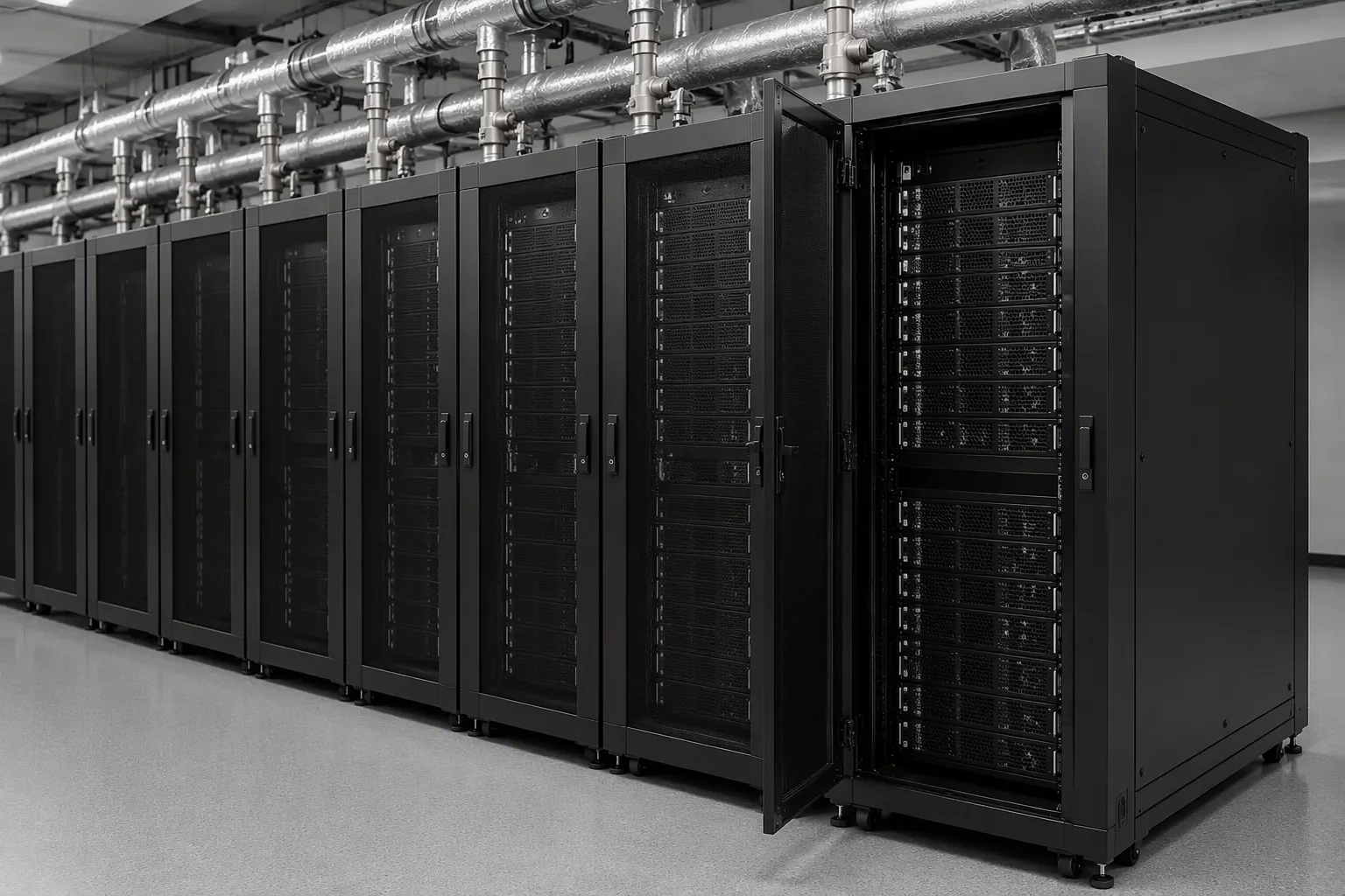 HPC row of liquid-cooled cabinets with manifold piping routed above the doors in a cool research hall