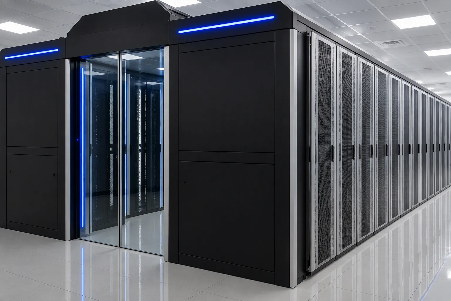 A contained cold aisle seen down its length, rack fronts on both sides and the roof panels closed overhead.