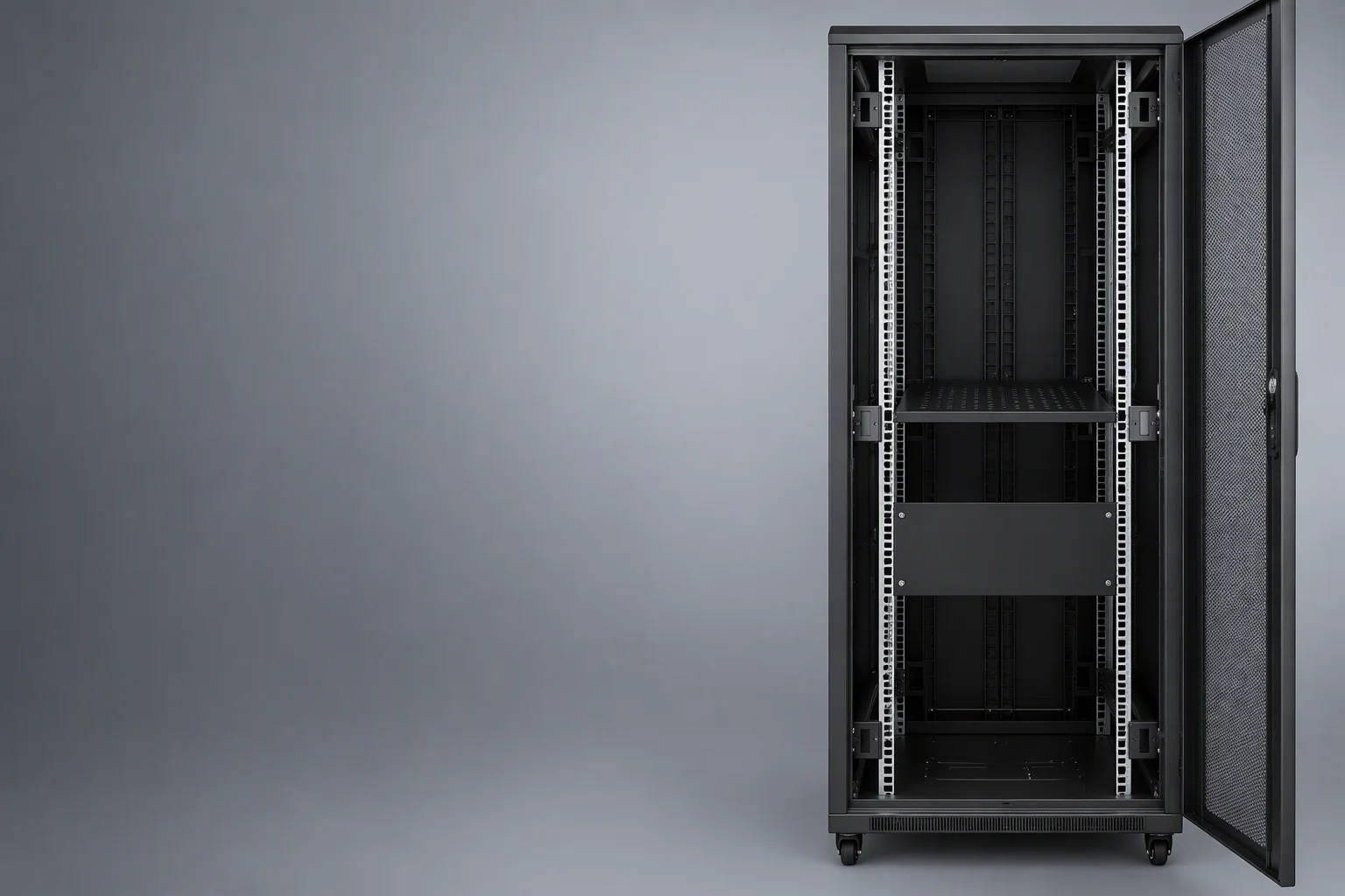 Ordinary 42U air-cooled server cabinet, front door open, with the 19-inch rails and their U-slot pattern visible against the dark interior, a fixed shelf and a blanking panel fitted.