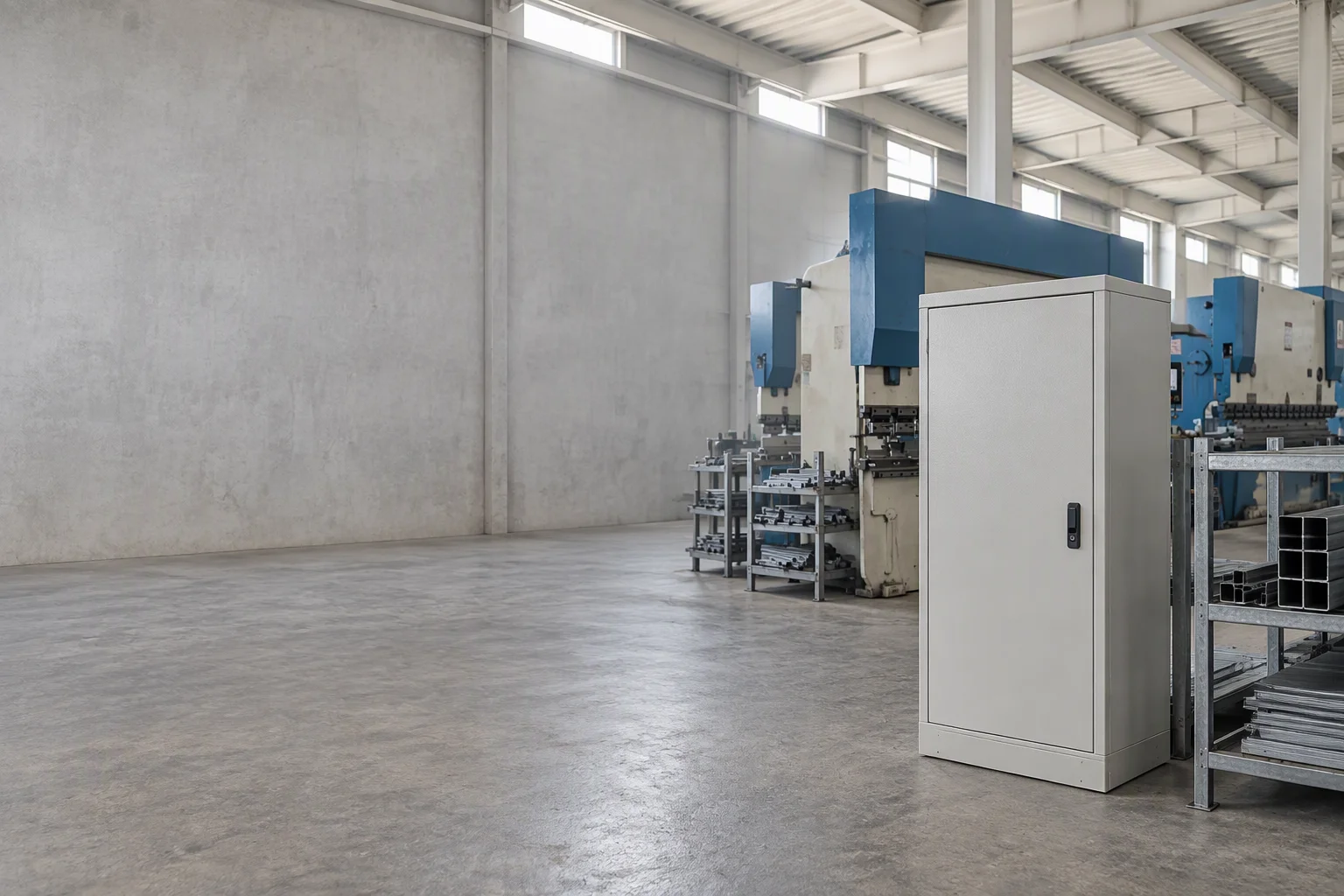 A finished floor-standing cabinet on a workshop floor, with a steel rack holding stacked sections behind it and a press brake further back