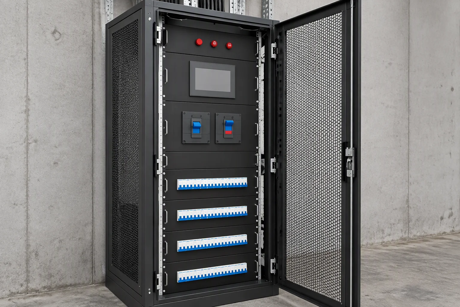 A distribution cabinet in place on a factory floor with its door open, breaker rows stacked behind and a cable tray rising from the top
