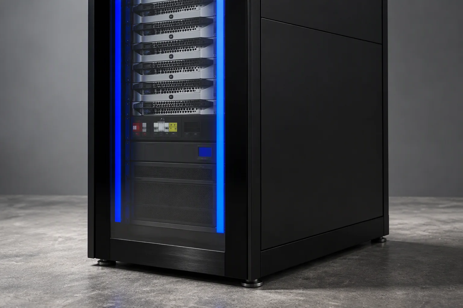 One single-row intelligent cabinet standing on a concrete floor as if newly set down, blue LED strips down both front edges