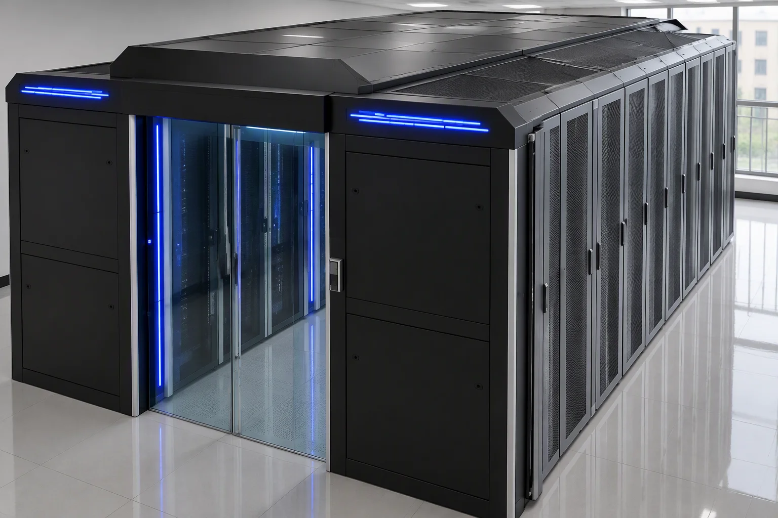 A complete TR-mud micro-module: two facing cabinet rows with the aisle sealed between them, glass end door closed and roof panels on top