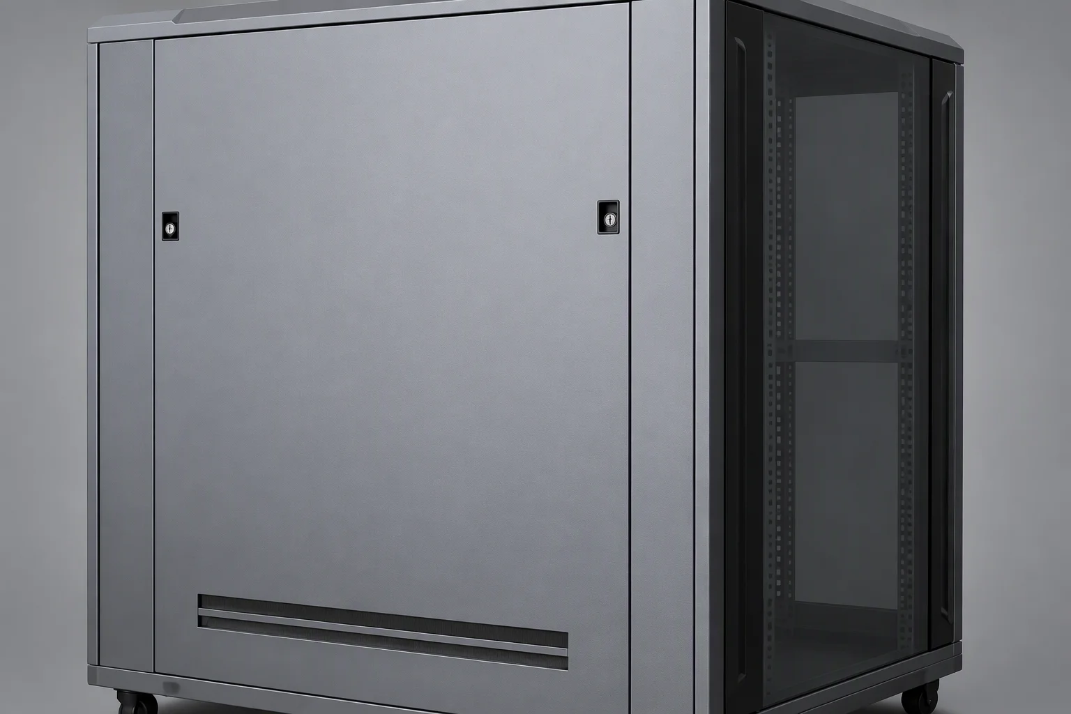 Network cabinet seen three-quarter on: solid front door with its perimeter frame and lock inset, tinted glass side panel behind it, base plinth and castors below.