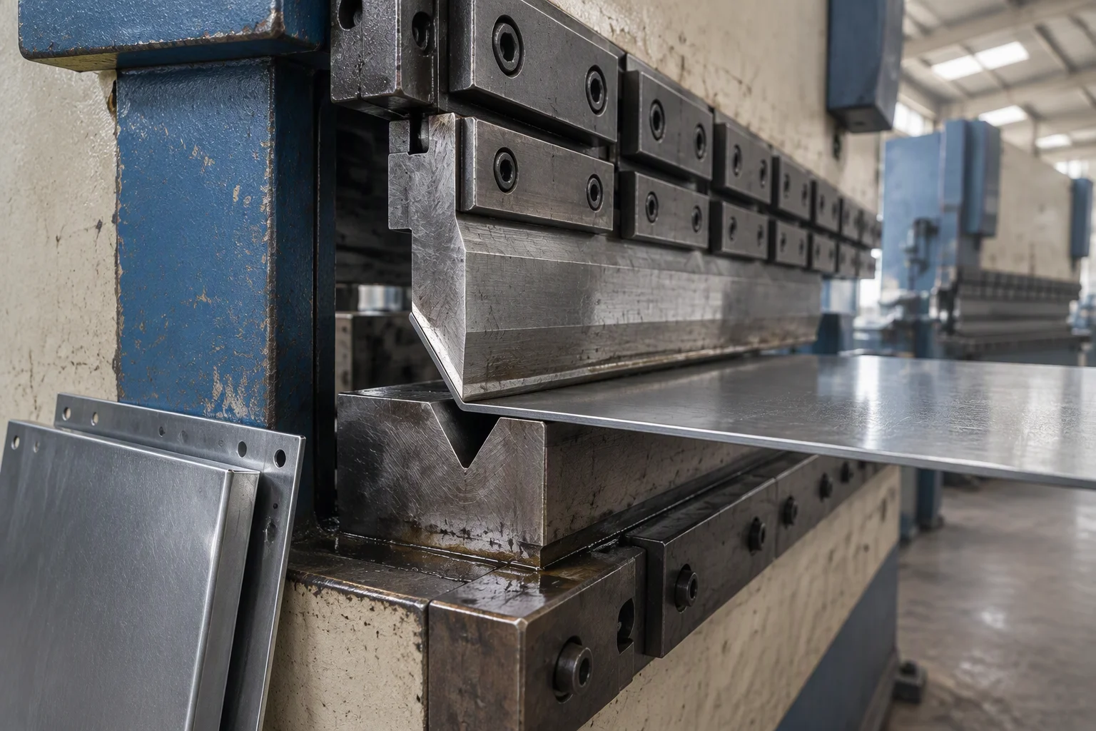 Press brake mid-stroke with a cold-rolled steel sheet between punch and die, a finished cabinet side panel leaning against the machine base and a second press brake soft in the distance.