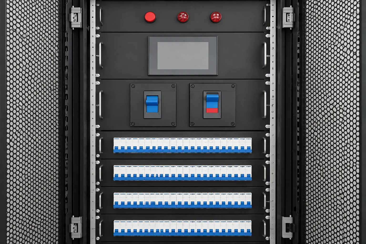 Installed column header cabinet seen front-on and tight: red indicator lamps at the top, a blank instrument panel, then rows of pale miniature breakers on blue DIN rail, mesh side panels either side.