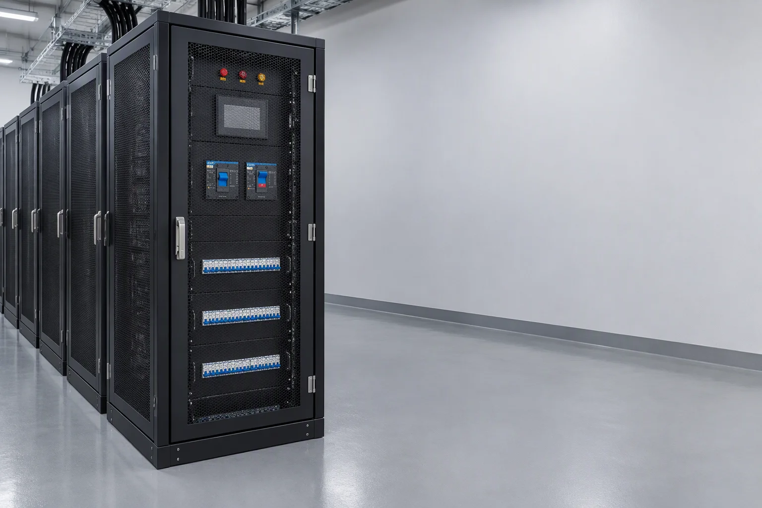 An installed rack row on a delivered site, seen along the aisle