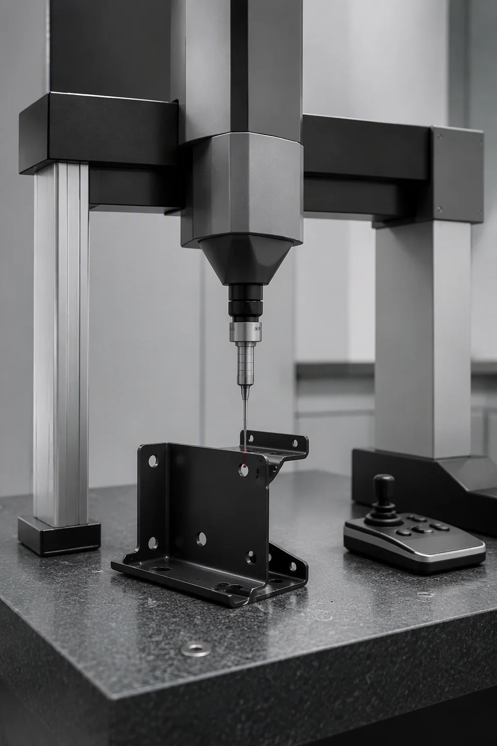 Coordinate measuring machine probing a rack upright on a granite table in the inspection room