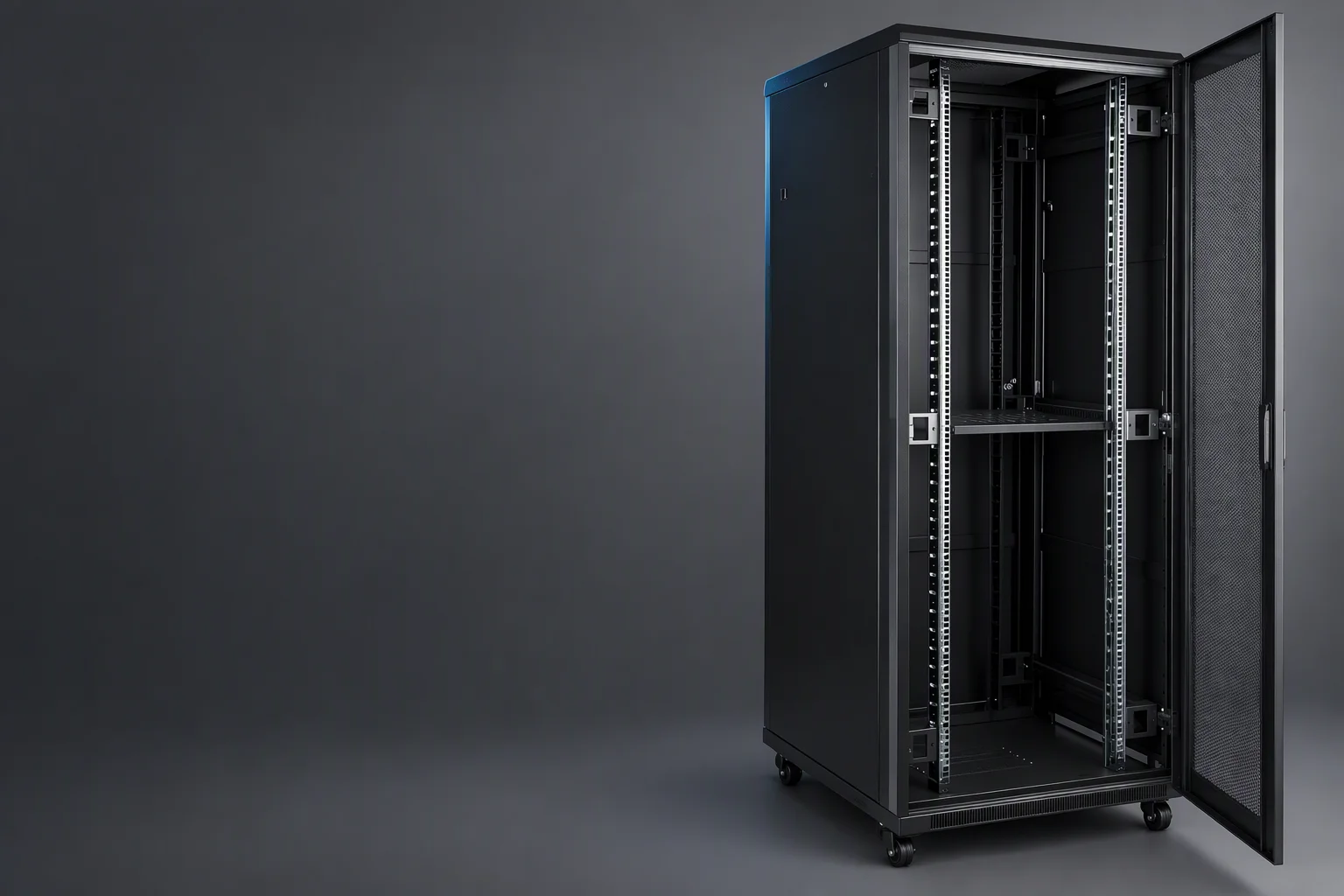 A 42U server rack standing on the assembly floor with its front door open, the mesh door panel leaning beside it.
