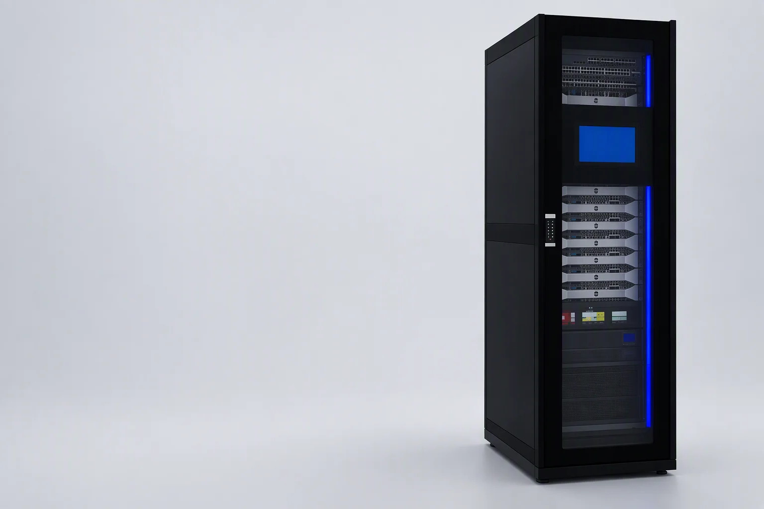 One single-row intelligent cabinet standing alone on a seamless stage, blue LED strips down both front edges and a glazed door band