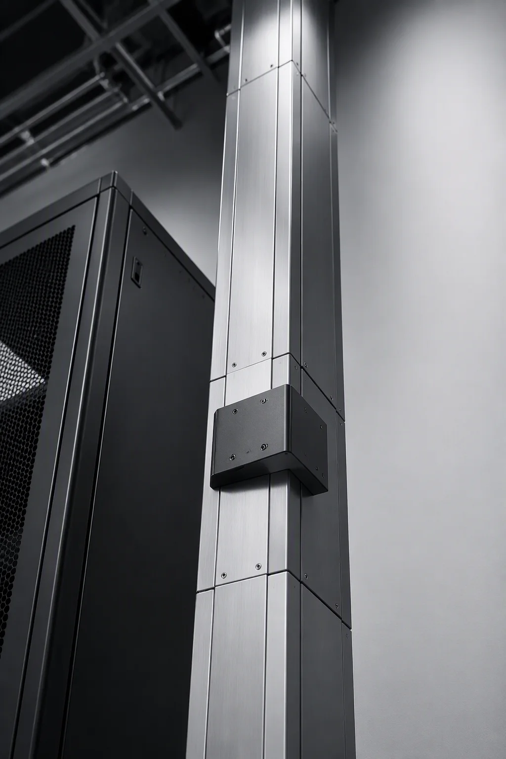 Busway-integrated rack column with overhead track run, tap-off box bracket and cable trough