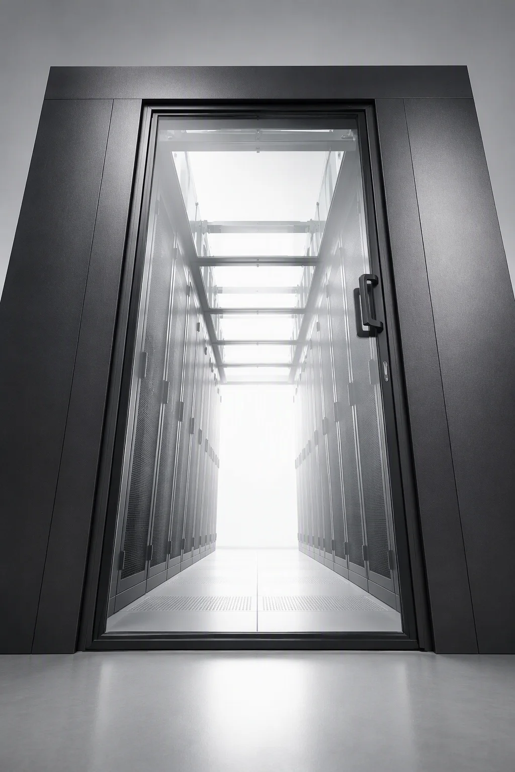 Glass cold-aisle containment end door with a blue LED strip, upright view from inside the aisle