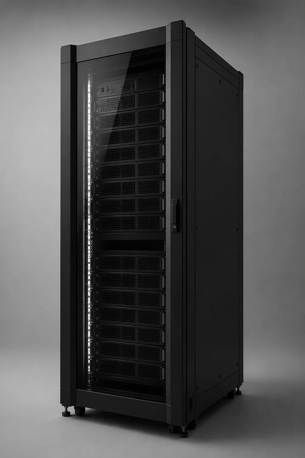 GPU high-density rack interior with heavy-duty rails and tray array behind a glass door