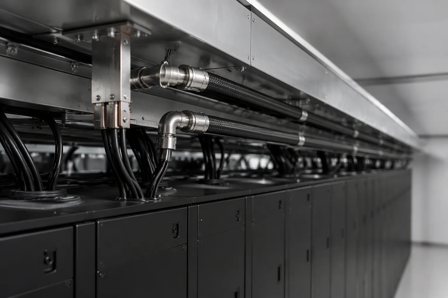 Close-up of rack-top busbar trunking and coolant manifold piping under industrial white light