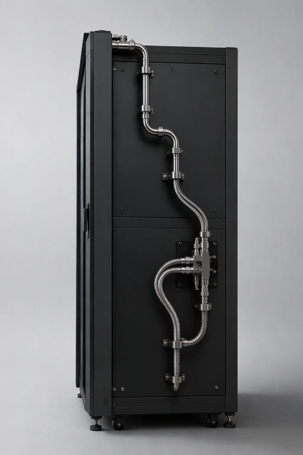 Coolant manifold with UQD quick disconnects routed above the doors of a liquid-cooling ready rack