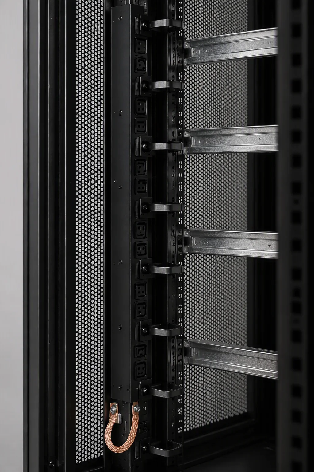 Rear panel of a rack with vertical PDU rails, cable lacing arms and grounding braids routed to the frame