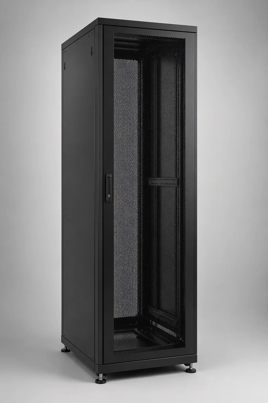 Three-quarter front view of a black RackForge standard rack with mesh door