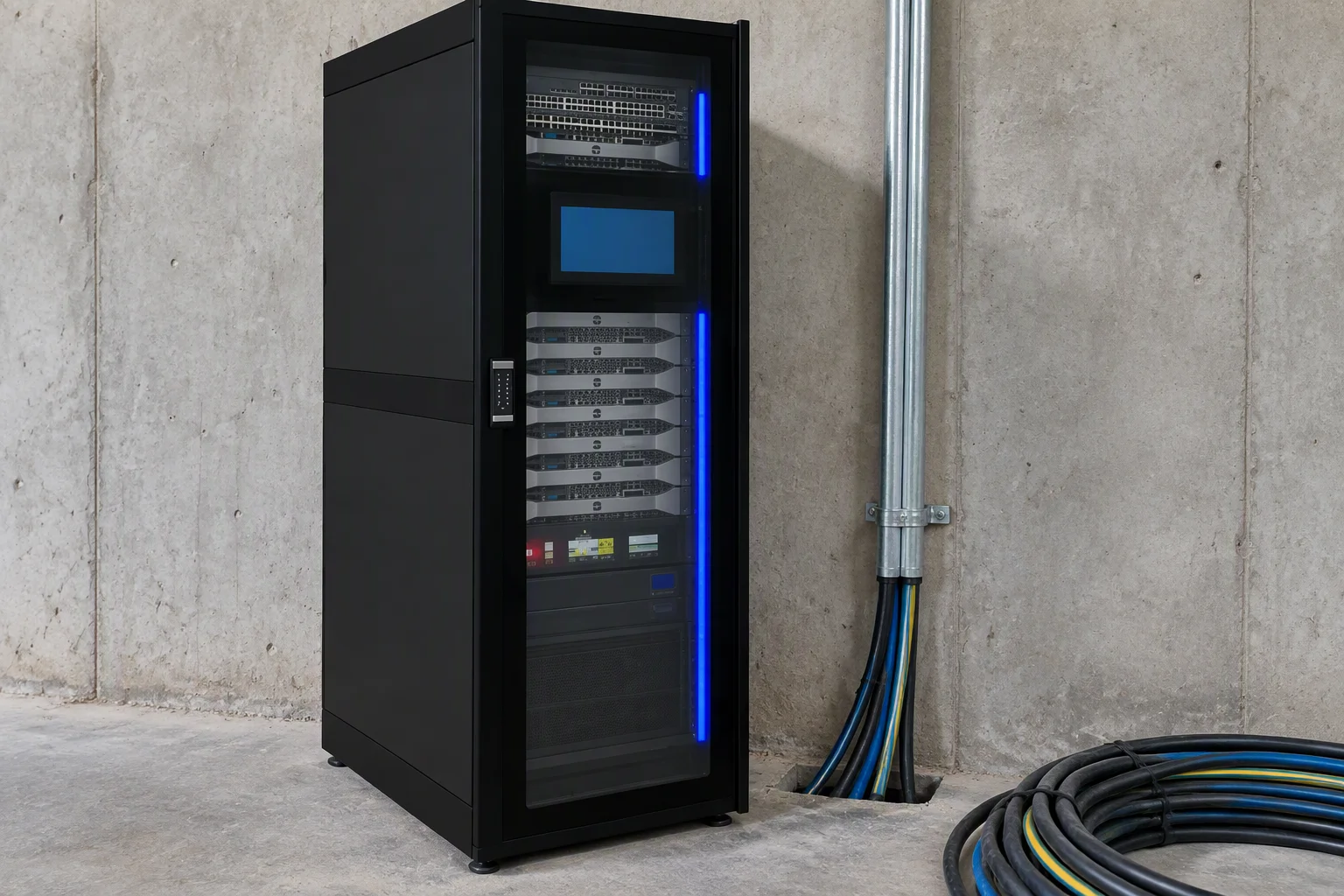 The same single-row cabinet newly set down on a bare concrete slab, a galvanised conduit and a bundle of cables entering at the base