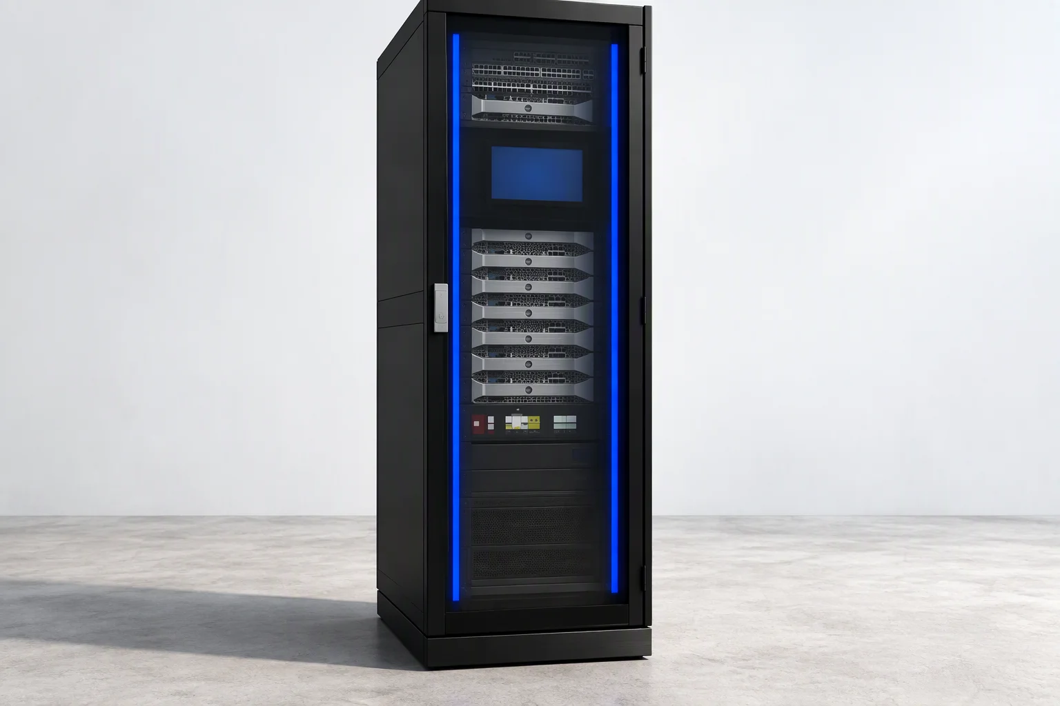 One single-row intelligent cabinet standing alone, facing the camera, blue LED strips down both front edges and a glazed door band