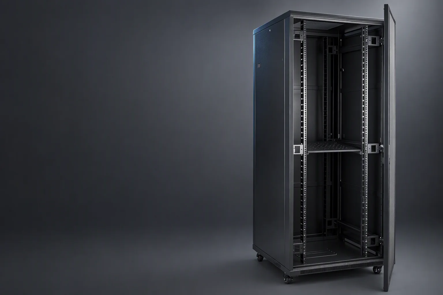 A 42U server cabinet with its front door open toward the camera, the 19-inch mounting rails standing clear against the dark interior